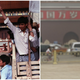 LEFT: A demonstrator gives the victory sign as workmen finish putting a drap over a huge protrait of Chairman Mao on the Gate of Heavenly Peace, May 1989. RIGHT: In front of a portrait of China’s late Chairman Mao Zedong at Tiananmen Square in Beijing, June 2013